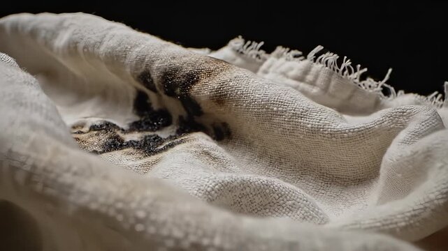 Close-up of a white cloth with brown stains and a black background.