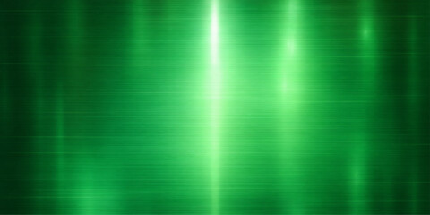 Brushed aluminum surface with a green abstract gradient design featuring metallic lines and a shiny silver texture on a grey stainless steel backdrop © Graph Rover
