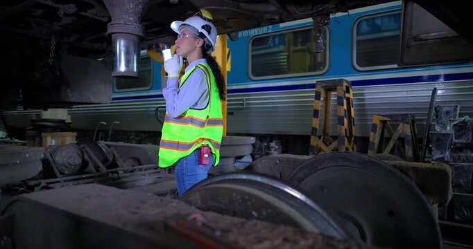 Rail maintenance technician use flashlight to examine wheel assembly of train, inspect for wear, crack, fault, and condition of component. Troubleshooting mechanical elements as part of routine tasks
