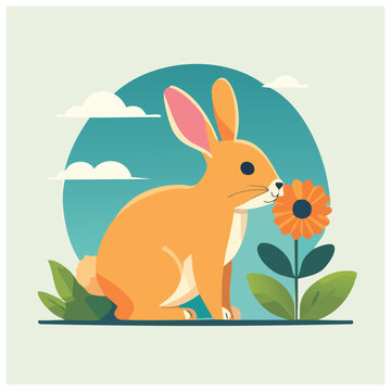A rabbit is smelling a flower in a serene landscape illustration, c24.eps as reference