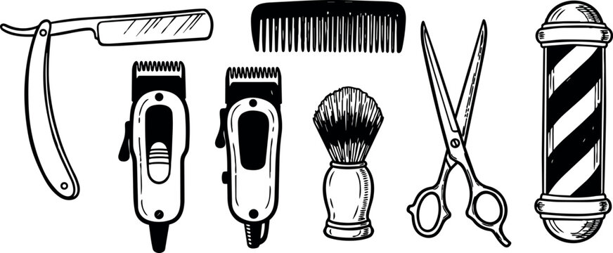 Hand drawn vintage style barber razor comb scissors brush and striped barber pole vector art set with detailed linework