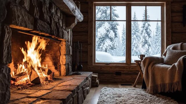 Cozy rustic cabin interior featuring a glowing fireplace hearth and cinematic slow motion snowfall outside the window during a peaceful winter evening atmosphere in 4K resolution.