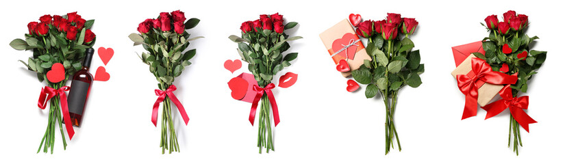 Set of bouquets of beautiful red roses on white background. Valentine's Day celebration