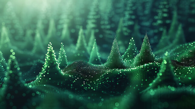 A forest scene created in 3D geometric pointillism style, with trees formed from vibrant dots, blending digital abstraction, nature, and futuristic artistry.