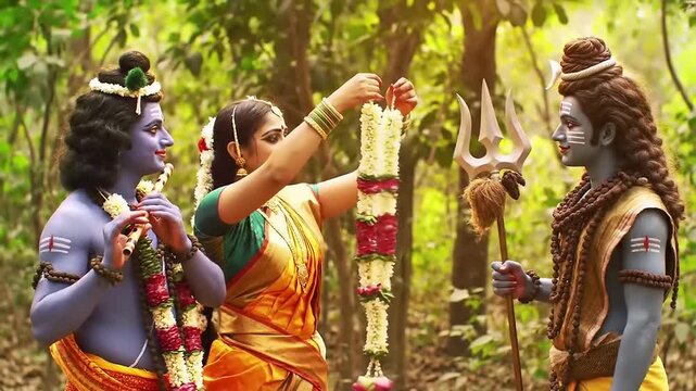 Hindu Gods receiving garland in nature.