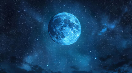 Obraz premium Serene 3D geometric night sky rendered in pointillism style, featuring a glowing moon, scattered stars, and deep atmospheric artistic depth. 