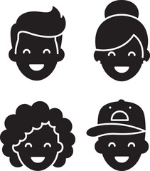 Obraz premium Diverse group of cartoon faces illustrating different hairstyles and accessories in a simple, modern design