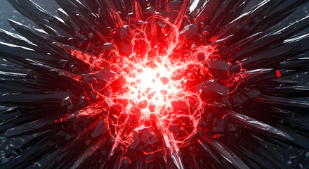 Abstract 3D rendering of a powerful red energy burst glowing amidst shattered dark crystalline shards. Features electric tendrils and an intense light core, ideal for sci-fi, gaming, or dark fantasy t