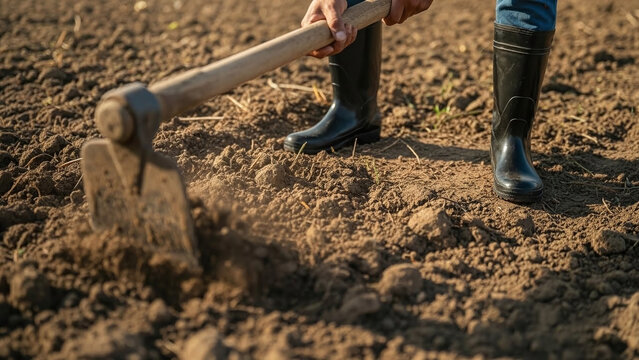 Close up of a farmer's hands using a traditional hoe to dig and turn over dry soil in a plantation, manual agricultural labor concept.