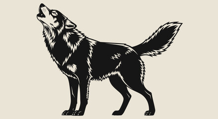 A wolf stands and howls loudly on a plain surface. © Story
