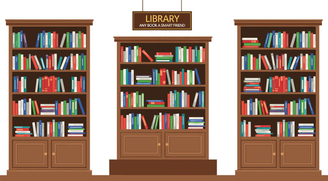 Classic dark wood library bookshelves illustration with colorful books and inspirational hanging sign for education and literacy branding vector