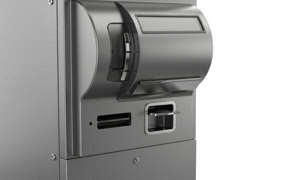 Metallic automated teller machine interface with card reader and slots on a transparent background