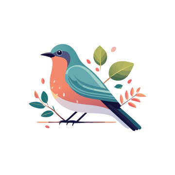 A colorful bird perched on a branch surrounded by leaves and flowers in a vibrant illustration c59 eps style