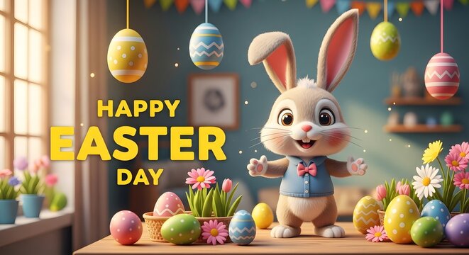 Easter bunny in a festive room with eggs and flowers