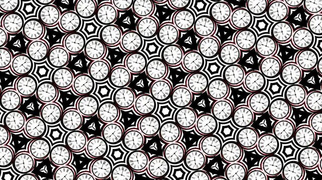 Time lapse black and white clock with roman numerals, passage of time over about two hours. Kaleidoscope psychedelic pattern Zooming in.