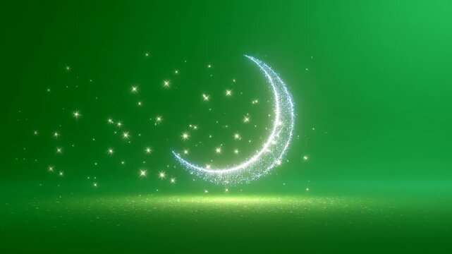 Glowing crescent moon with stars on green background.