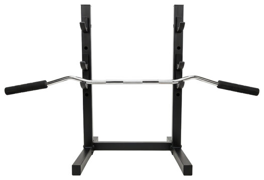 Black metal home gym power rack frame with lat pulldown bar attached on a transparent background