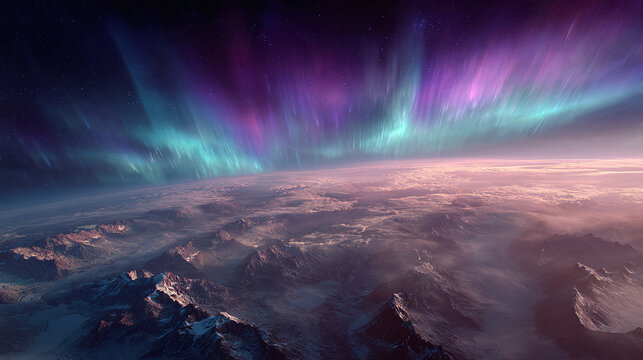A breathtaking view of the Aurora Borealis illuminating the night sky over a mountainous terrain. The sky is filled with vibrant colors. 