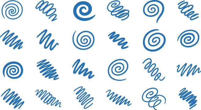   
Vector illustration of 25 blue spiral and squiggle designs in varied styles arranged in a 5x5 grid