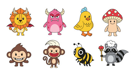 Fototapeta premium Whimsical set of cartoon monsters and funny animal characters including a winged lion mushroom man and a striped honey bee.