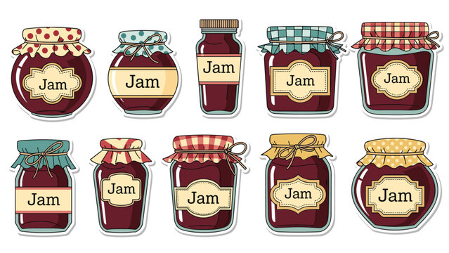Variety of glass jam jars with colorful fruit preserves decorative lids and rustic labels on a clean white background for food.