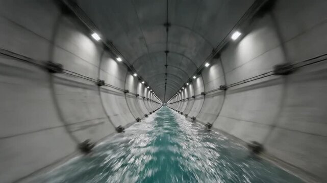 Sweeping aerial drone shot traveling quickly down a long, circular concrete aqueduct conduit deep within a fictional subterranean water facility architecture, fast, modern