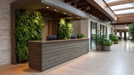 Modern office reception desk featuring lush vertical gardens and wood accents