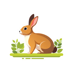 Fototapeta premium Illustration of a rabbit sitting on a green surface surrounded by leaves viewed from the side