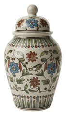 Decorative ceramic urn with floral flowers isolated on a transparent background