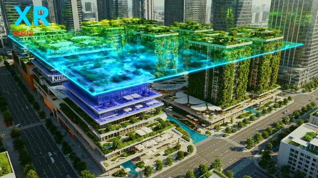 aerial city block with xr overlay showing layered thermal map and zoning colors, architectural models rising from rooftops, urban analysis, planning simulation and infrastructure diagnostics
