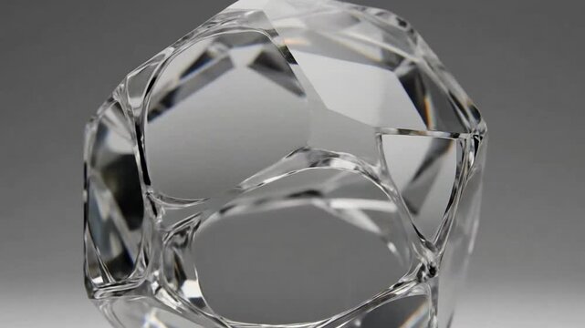 Abstract geometric crystal object with complex structure, reflecting light on a neutral background.