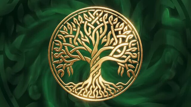 Stylized circular animation of the Celtic Tree of Life expanding roots and branches in a continuous seamless loop symbolizing interconnectedness and natural expansion ecosystem, symbolizing, graphics