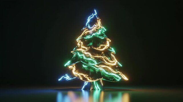 Stylized three-dimensional graphic visualization of a conical pine tree shape covered in dynamic animated glowing light patterns rotating seamlessly texture, cyber, vibrantcolors