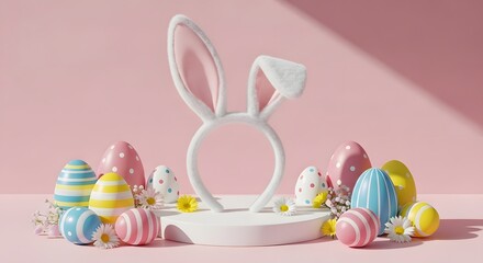 Easter day celebration with bunny ears and colorful eggs