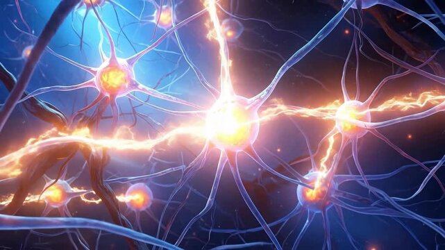 Abstract neural network illustration showing interconnected neurons transmitting electrical impulses, science concept.
