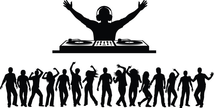 DJ silhouette with turntables and dancing crowd for nightclub, music festival, and party event branding vector