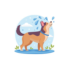 A cartoon dog standing on grass, drinking from a water splash, surrounded by clouds and plants, in a serene environment view