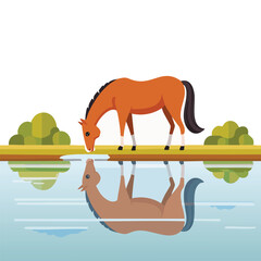 A horse drinking from a serene lake with a perfect reflection, surrounded by lush greenery, in a peaceful vector illustration.