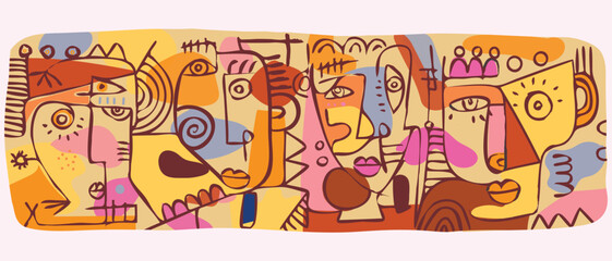 Abstraction face portrait wall art vector illustration. Creative graphic design with shapes, decorative, geometric, line art, cubism, doodle.