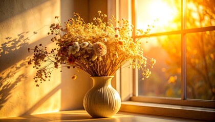 Dried flowers in vase by a sunny window, shadows cast on wall