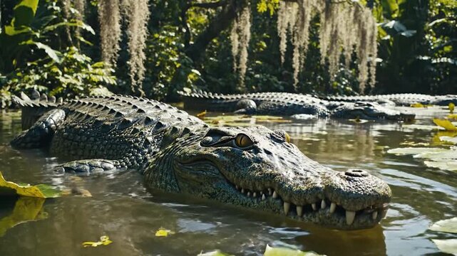 Two large alligators rest partially submerged in murky water, surrounded by lush vegetation