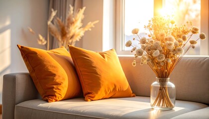 Sunny interior with orange pillows, dried flowers, and natural light