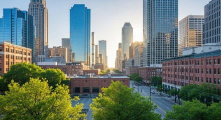 Obraz premium Cityscape vista with modern towers & brick buildings under bright sunlight