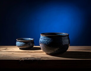 Two handcrafted, ceramic bowls rest on aged wood, blue gradient backdrop