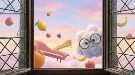 A whimsical cloud with glasses floats outside a window surrounded by floating fruit