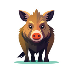 Vector illustration of a wild boar standing on green ground, viewed from the front with detailed facial features and textured fur.