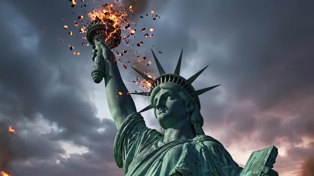 Statue of Liberty torch exploding against stormy sky
