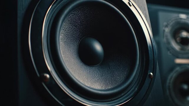 A black speaker sits on, A sleek black speaker positioned on a wooden surface