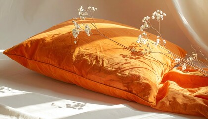 Soft orange pillow and fabric with dried flowers, bathed in sunlight