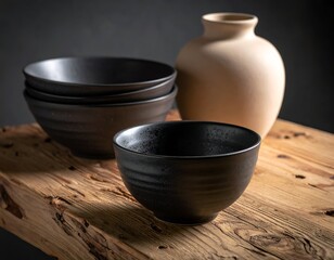 Elegant still life of ceramic bowls and vase on a rustic wooden surface